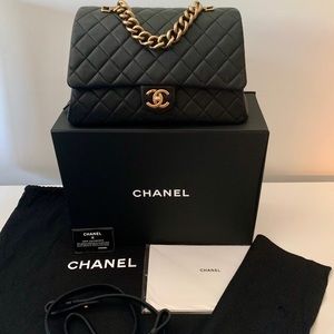 CHANEL Sheepskin Quilted Large Trapezio Flap Black